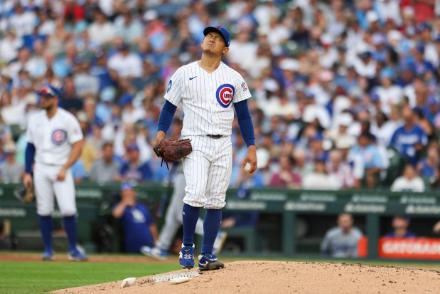 Cubs starter Shota Imanaga reacts after giving up a line-drive single in the fourth inning against the Dodgers on Wednesday, Aug. 5, 2026,at Wrigley Field. (Eileen T. Meslar/Chicago Tribune)