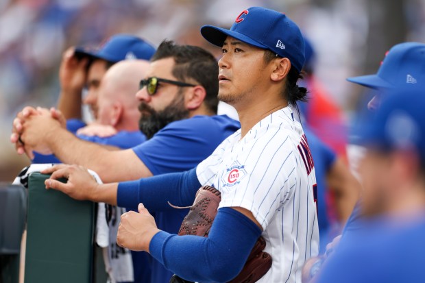 Cubs starter Shota Imanaga watches from the dugout in the bottom of the fourth inning against the Dodgers on Wednesday, Aug. 5, 2026, at Wrigley Field. (Eileen T. Meslar/Chicago Tribune)