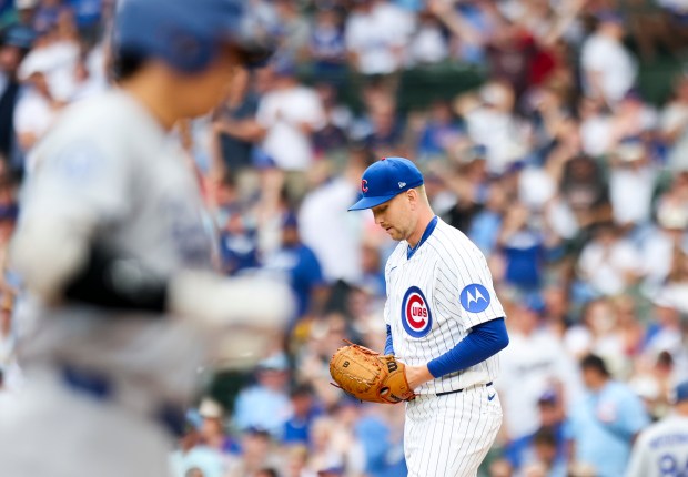 Cubs reliever Ryan Zeferjahn walks to the mound after giving up a two-run home run to Dodgers designated hitter Shohei Ohtani in the eighth inning Wednesday, Aug. 5, 2026, at Wrigley Field. (Eileen T. Meslar/Chicago Tribune)
