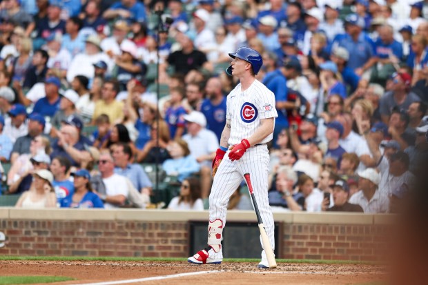 Cubs center fielder Pete Crow-Armstrong watches the flight of his two-run home run in the fourth inning against the Dodgers on Wednesday, Aug. 5, 2026, at Wrigley Field. (Eileen T. Meslar/Chicago Tribune)
