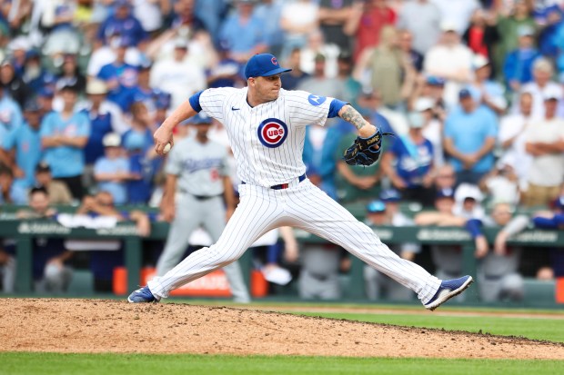 Cubs reliever Jacob Webb delivers in the ninth inning against the Dodgers on Wednesday, Aug. 5, 2026, at Wrigley Field. Webb earned the save in the Cubs' 7-6 win. (Eileen T. Meslar/Chicago Tribune)