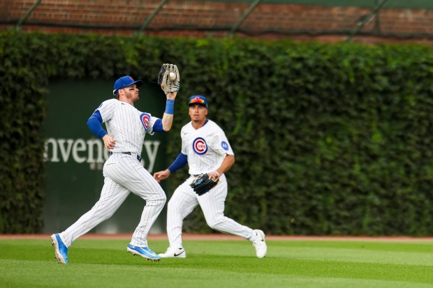 Cubs left fielder Ian Happ catches the final out of a 7-6 victory against the Dodgers on Wednesday, Aug. 5, 2026, at Wrigley Field. (Eileen T. Meslar/Chicago Tribune)