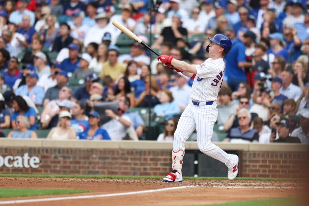 Cubs designated hitter Pete Crow-Armstrong swings through a two-run home run in the fourth inning against the Dodgers on Wednesday, Aug. 5, 2026, at Wrigley Field. (Eileen T. Meslar/Chicago Tribune)