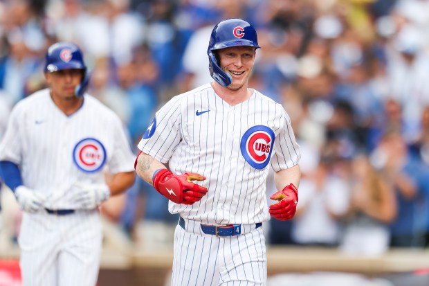 Cubs designated hitter Pete Crow-Armstrong celebrates after hitting a two-run home run in the fourth inning against the Dodgers on Wednesday, Aug. 5, 2026, at Wrigley Field. (Eileen T. Meslar/Chicago Tribune)