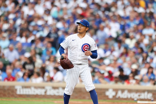Cubs starter Shota Imanaga walks to the dugout after the top of the fourth inning against the Dodgers on Wednesday, Aug. 5, 2026, at Wrigley Field. (Eileen T. Meslar/Chicago Tribune)