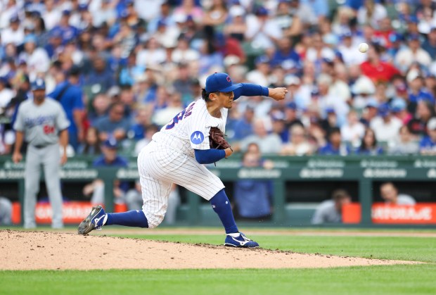 Cubs starter Shota Imanaga delivers in the fourth inning against the Dodgers on Wednesday, Aug. 5, 2026, at Wrigley Field. (Eileen T. Meslar/Chicago Tribune)