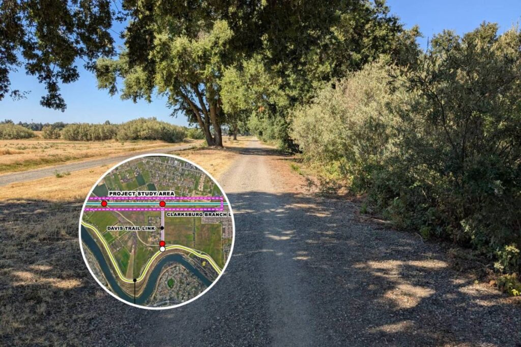 Trail map and image of fire road as part of CA Delta Trail project