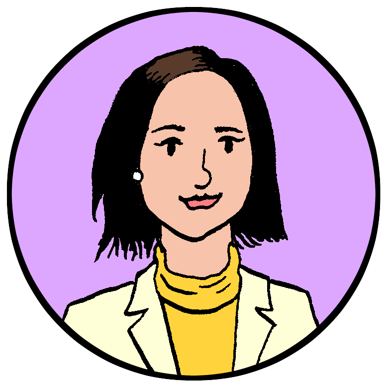 Cartoon illustration of a woman with long blonde hair, wearing a black blazer and light blue top, set against a blue circular background.
