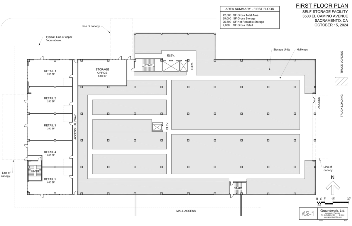 The proposed floor plan for the converting the former Macy’s building at Country Club Plaza in Arden Arcade shows five retail spaces offering about 6,000 square feet of space. The gray areas would be mini-storage.