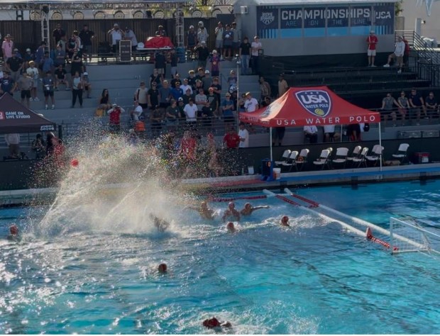 Dons athletes and coaches jump into the pool to celebrate their victory. (Photo by Masako Baron)