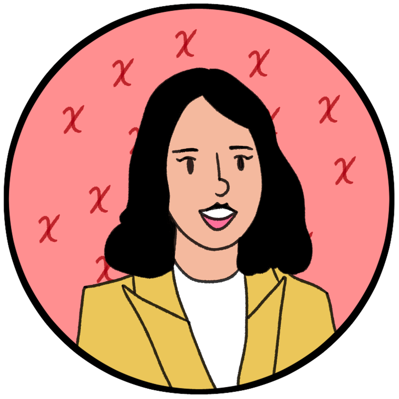 Illustration of a woman with shoulder-length black hair, wearing a yellow blazer over a white top, smiling, set against a light purple circular background.
