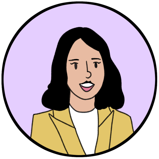 Illustration of a woman with shoulder-length black hair, wearing a yellow blazer over a white top, smiling, set against a light purple circular background.