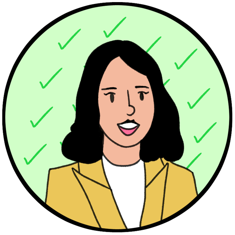 Illustration of a woman with shoulder-length black hair, wearing a yellow blazer over a white top, smiling, set against a light purple circular background.