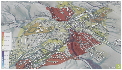 A 3D view of a simulated flood in a town in Austria.
