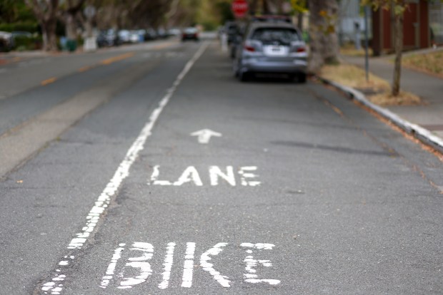 A bike lane along Hopkins Street on Thursday, Aug. 13, 2026, in Berkeley, Calif. The city of Berkeley is looking at removing over a hundred parking spaces along Hopkins Street for a new bike lane project. (Aric Crabb/Bay Area News Group)