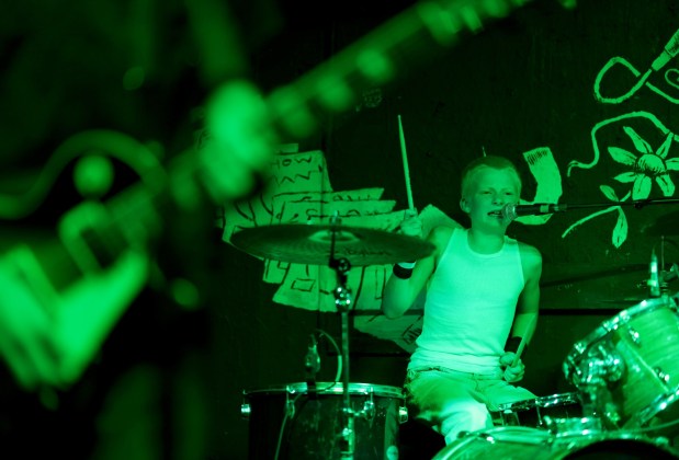 Knights of Molino drummer Tommy Birmingham, 12, performs with his older brother guitarist Erik Birmingham, 14, during their debut show at 924 Gilman in Berkeley, Calif., on Friday, August 21, 2026. (Jane Tyska/Bay Area News Group)