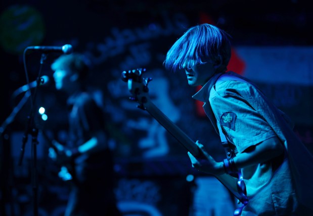 Knights of Molino bassist Rowan Campbell, 12, ad guitarist Erik Birmingham, 14, perform during their debut show at 924 Gilman in Berkeley, Calif., on Friday, August 21, 2026. (Jane Tyska/Bay Area News Group)