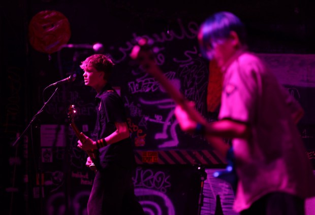 Knights of Molino guitarist Erik Birmingham, 14, and bassist Rowan Campbell, 12, perform during their debut show at 924 Gilman in Berkeley, Calif., on Friday, August 21, 2026.(Jane Tyska/Bay Area News Group)