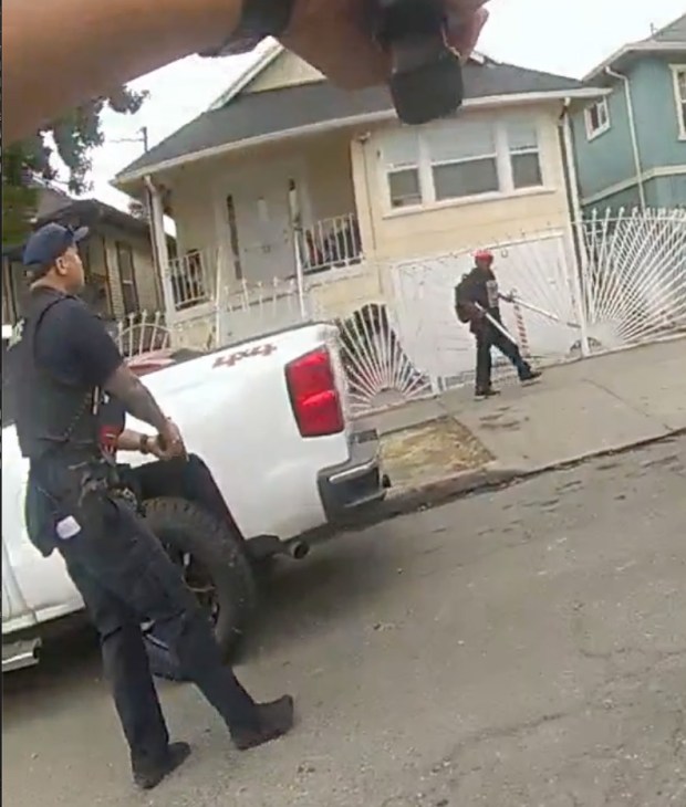 The Oakland Police Department released video Wednesday of a fatal police shooting on July 13, 2026, on the 4000 block of International Boulevard. (Frame from video courtesy of Oakland Police Department)
