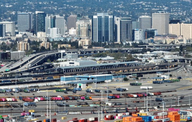 A drone view of the Port of Oakland and downtown Oakland, Calif., on Wednesday, July 15, 2026. (Jane Tyska/Bay Area News Group)