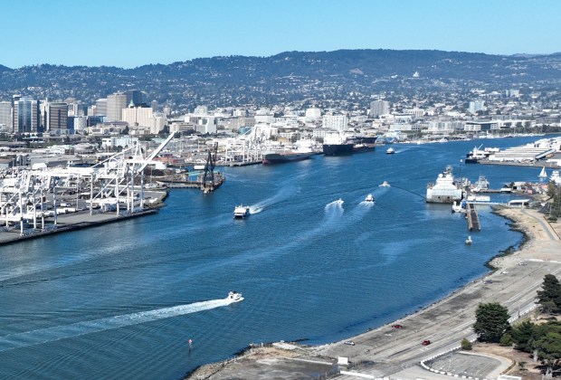A drone view of the Port of Oakland Inner Harbor Turning Basin seen from Alameda, Calif., on Wednesday, July 15, 2026. The U.S. Army Corps of Engineers signed a landmark $640 million design agreement to widen the estuary between Oakland and Alameda to enable modern, ultra-large container ships to maneuver safely and more frequently out of the Port of Oakland. (Jane Tyska/Bay Area News Group)