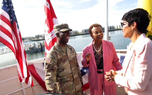 Major General Jason Kelly of the U.S. Army Corps of Engineers, left, talks with Mayor Barbara Lee, center, and Port of Oakland President Stephanie Dominguez Walton on Thursday, Aug. 27, 2026 in Oakland, Calif. The Port of Oakland, and the Army Corps of Engineers have signed a design agreement that formally launches a $640 million infrastructure project to modernize the Port's turning basins. (Aric Crabb/Bay Area News Group)