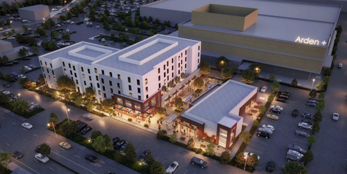 A conceptual rendering shows a hotel in front of the former Macy’s building at Country Club Plaza in Arden Arcade. A proposal would convert the 167,000-square-foot mid-century building to mini-storage.