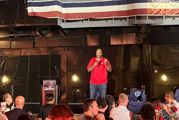 Former San Diego State offensive lineman Ephraim Salaam speaks to those gathered at the 2026 Aztec Football Kickoff event. (Kirk Kenney / San Diego Union-Tribune)