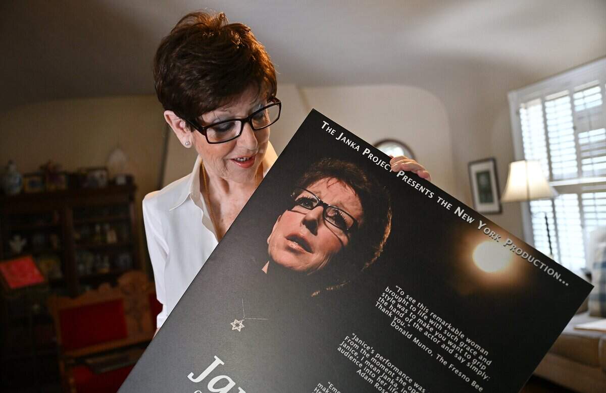 Janice Noga holds a poster from her New York performance of Janke during an interview Friday, Aug. 7, 2026 in Fresno.