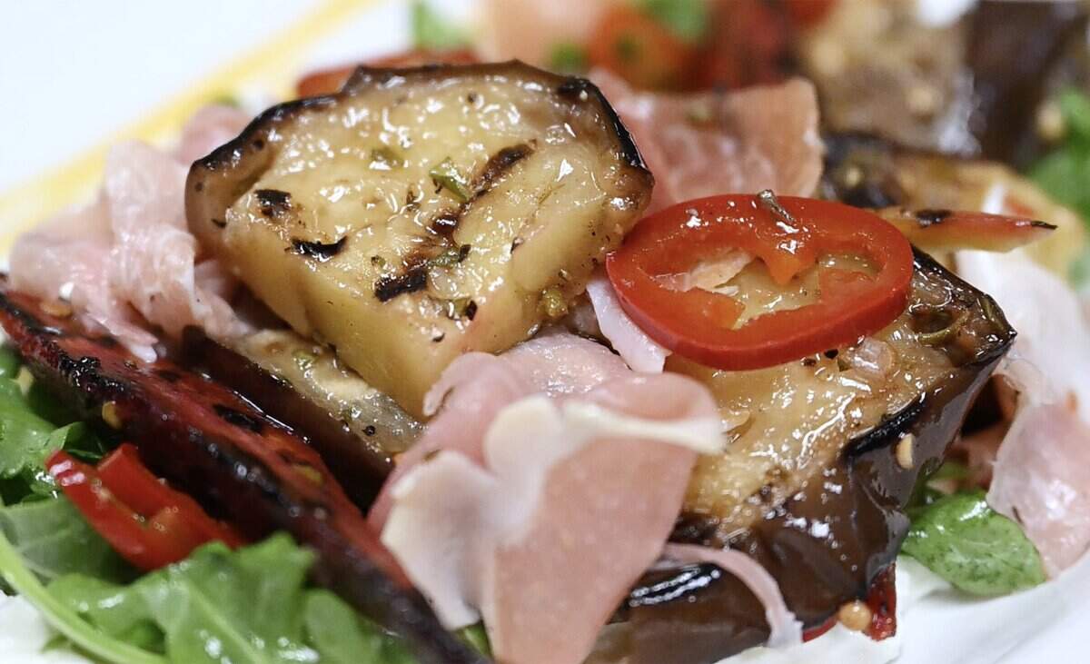 Grilled eggplant, arugula, Fresno chilis and prosciutto from “Xef” Alex Zubia's My Homies KItchen, located in downtown Fresno. Photographed Friday, July 31, 2026.