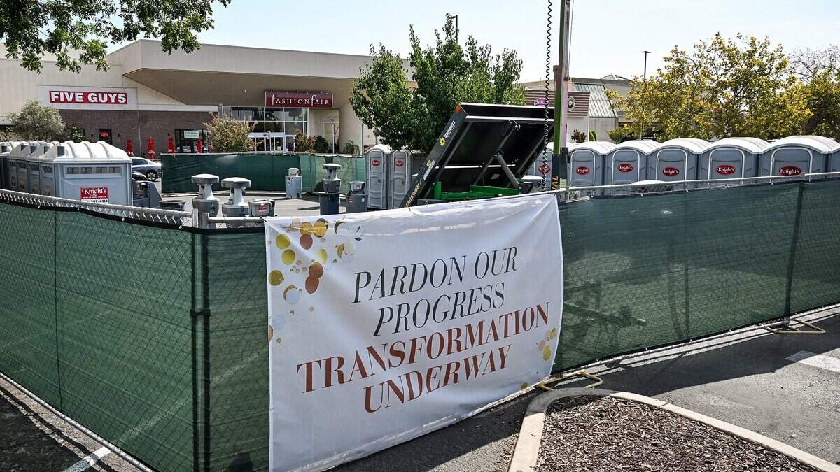 Temporary porta-potties are set up outside Fashion Fair mall between JC Penny and the food court while the mall works on restroom renovations, on Monday, Aug. 10, 2026. Additional porta-potties are set up outside the eastern entrance to the mall.