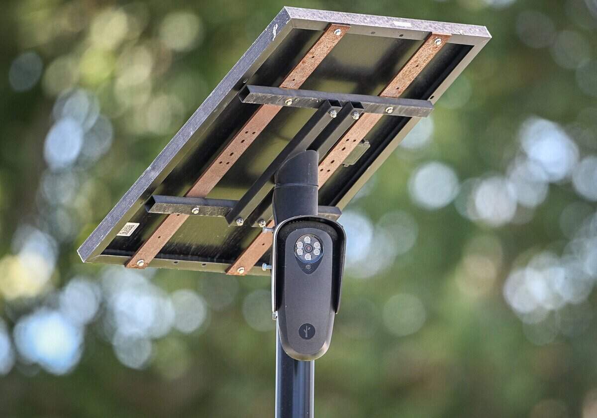 One of Fresno's Flock cameras is shown on Blackstone Avenue near River Park Shopping Center on Wednesday, July 29, 2026. Police say the cameras are used to capture license plates.