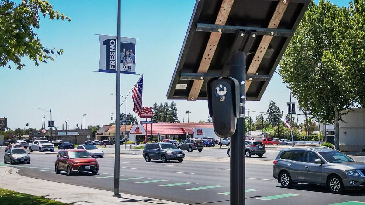 One of Fresno's Flock cameras is shown on Blackstone Avenue near River Park Shopping Center on Wednesday, July 29, 2026. Police say the cameras are used to capture license plates.
