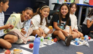 Pacific Drive Elementary School students enjoy oat muffins and fruit during class as part of the Fullerton School District Breakfast in the Classroom initiative. (Fullerton School District)