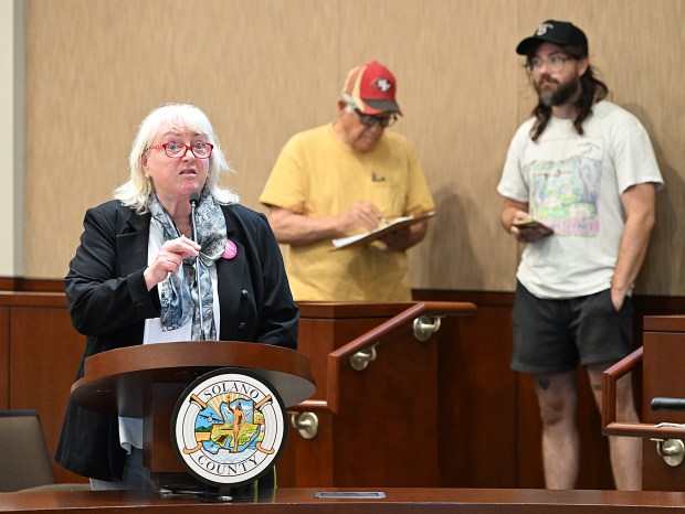 Anne Carr, of Vallejo, speaks out against California Forever during the Solano County Board of Supervisors meeting, discussing a shipbuilding facility in Collinsville. (Chris Riley/The Reporter)