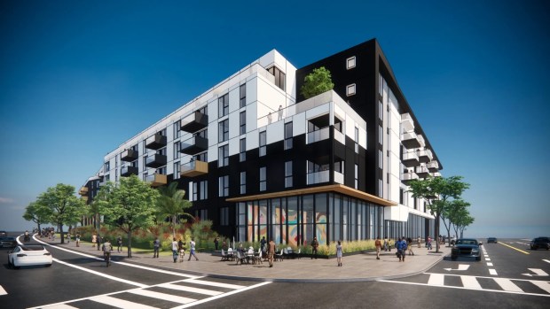 This rendering shows Ellery Shore, a new 281-unit apartment building, 6700 Pacific Coast Highway, that's currently under construction. (Courtesy of Ellery Shores)