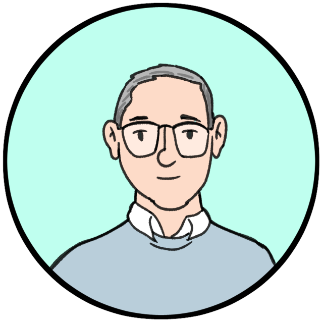 Illustration of a person with short gray hair, glasses, and a light blue sweater over a collared shirt, set against a light teal background within a circular frame.