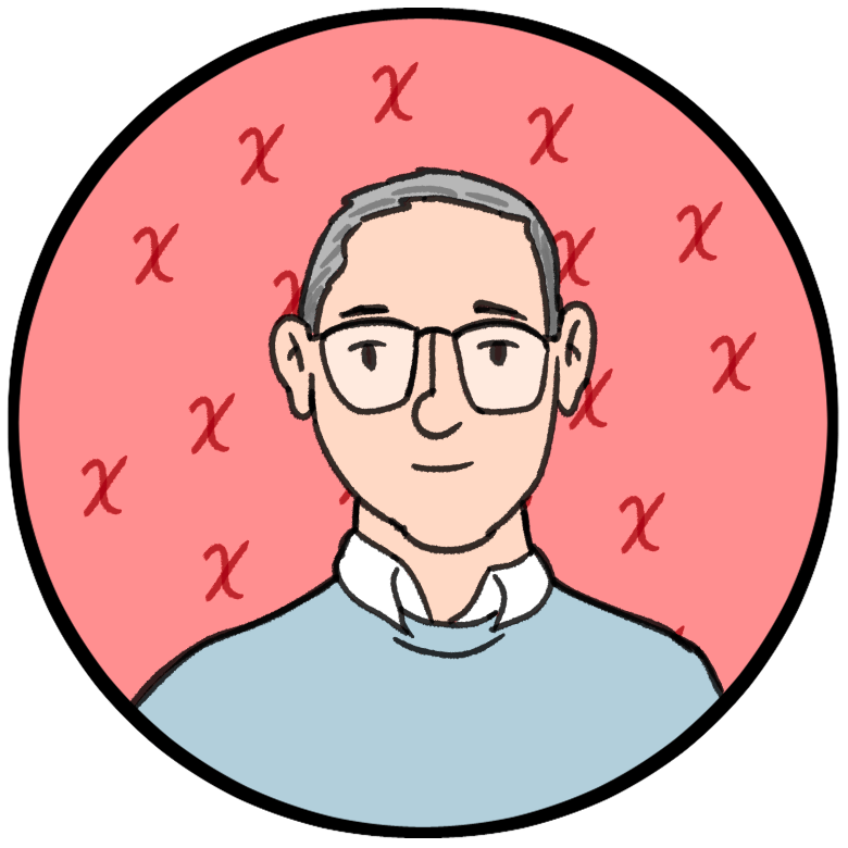 Illustration of a person with short gray hair, glasses, and a light blue sweater over a collared shirt, set against a light teal background within a circular frame.