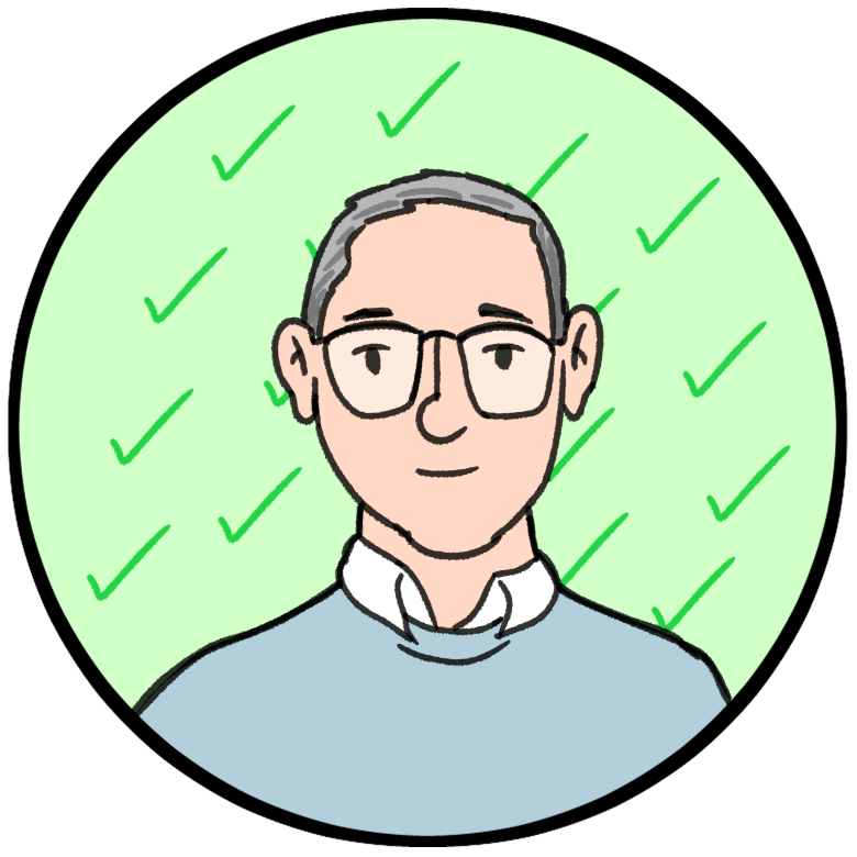 Illustration of a person with short gray hair, glasses, and a light blue sweater over a collared shirt, set against a light teal background within a circular frame.