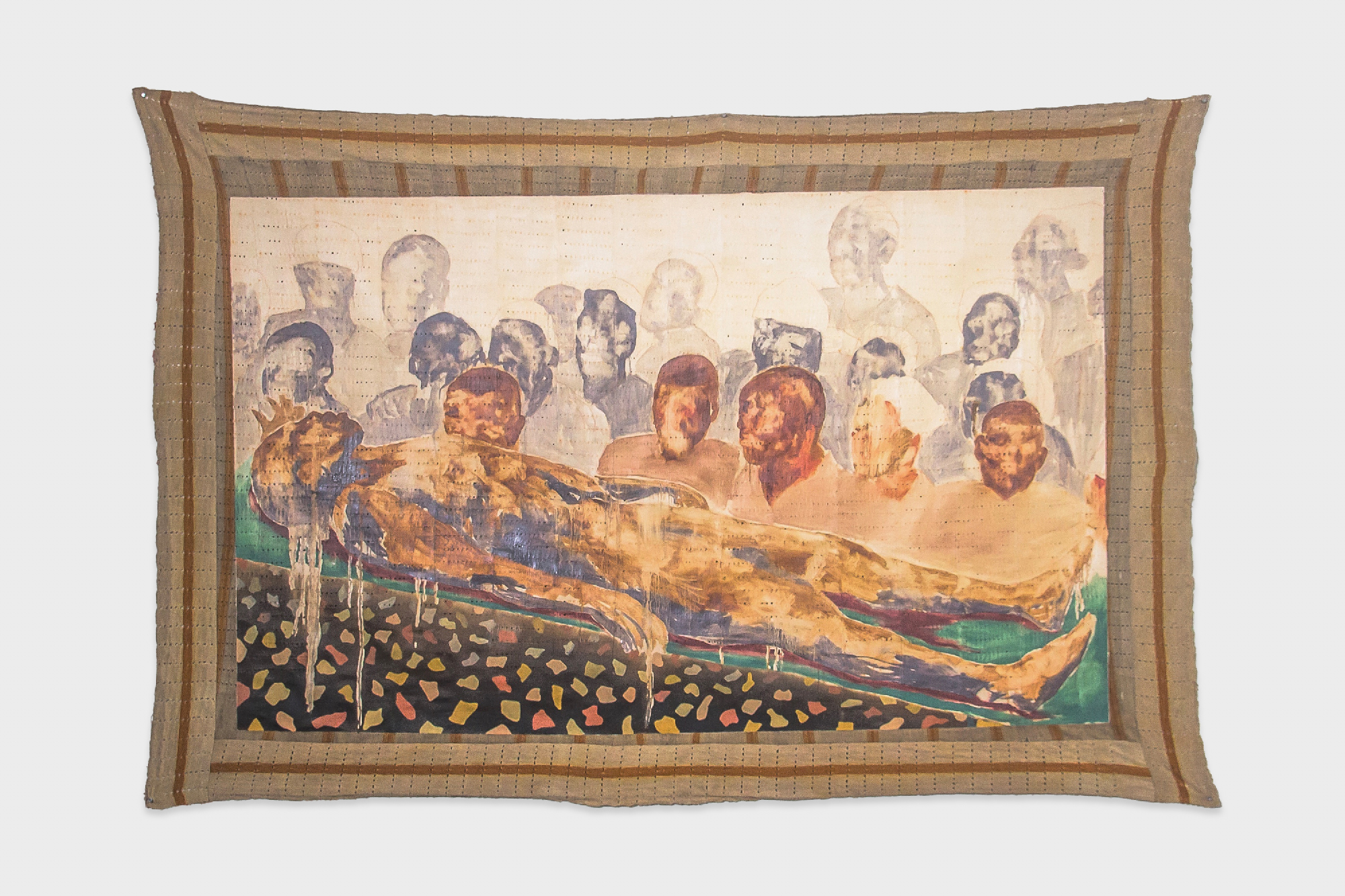 painting of a figure on a stretcher with figures surrounding