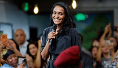 Los Angeles City Councilmember and mayoral candidate Nithya Raman speaks at a campaign celebration with volunteers and supporters marking her advance into the general election on June 13, 2026, in North Hollywood, California.