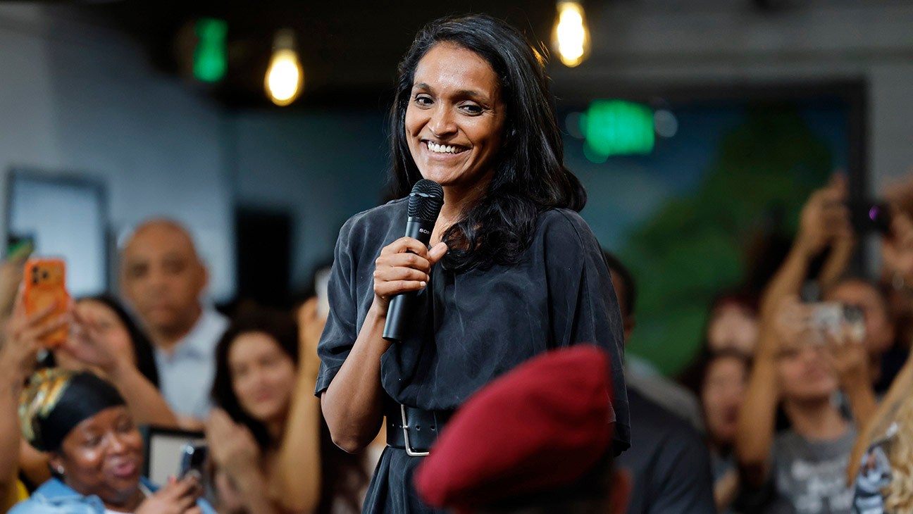 Los Angeles City Councilmember and mayoral candidate Nithya Raman speaks at a campaign celebration with volunteers and supporters marking her advance into the general election on June 13, 2026, in North Hollywood, California.