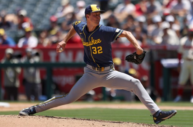 Milwaukee Brewers starting pitcher Jacob Misiorowski throws to the plate during the seventh inning of a game against the Angels on Sunday, Aug. 2, 2026, at Angel Stadium. (Photo by Luiza Moraes/Getty Images)