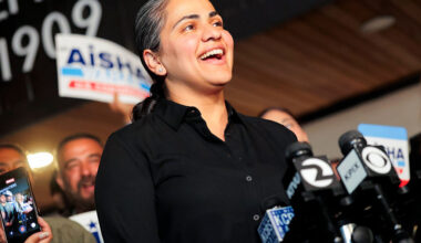 California state Sen. Aisha Wahab speaks to reporters during her election night watch party in Hayward, Calif., on Tuesday. (Heather Diehl/Getty Images)
