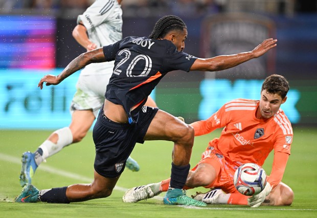 Aníbal Godoy #20 of the San Diego FC shoots past Nico Hansen #41 of the Colorado Rapids during the first half at Snapdragon Stadium on August 22, 2026 in San Diego, California. (Photo by Denis Poroy/Getty Images)