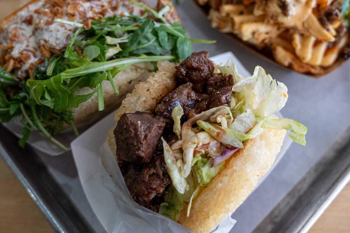 The Original Koja, a Korean-Japanese fusion burger, is available at Koja Kitchen in downtown Sacramento on Monday, July 28, 2025. The Original Koja is made with Korean BBQ short ribs on a crispy rice bun.