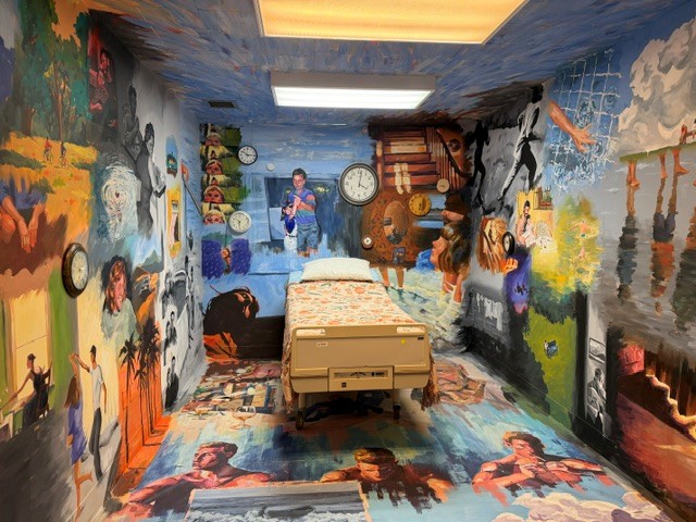 Former hospital room covered floor-to-ceiling with painted murals surrounding a hospital bed.