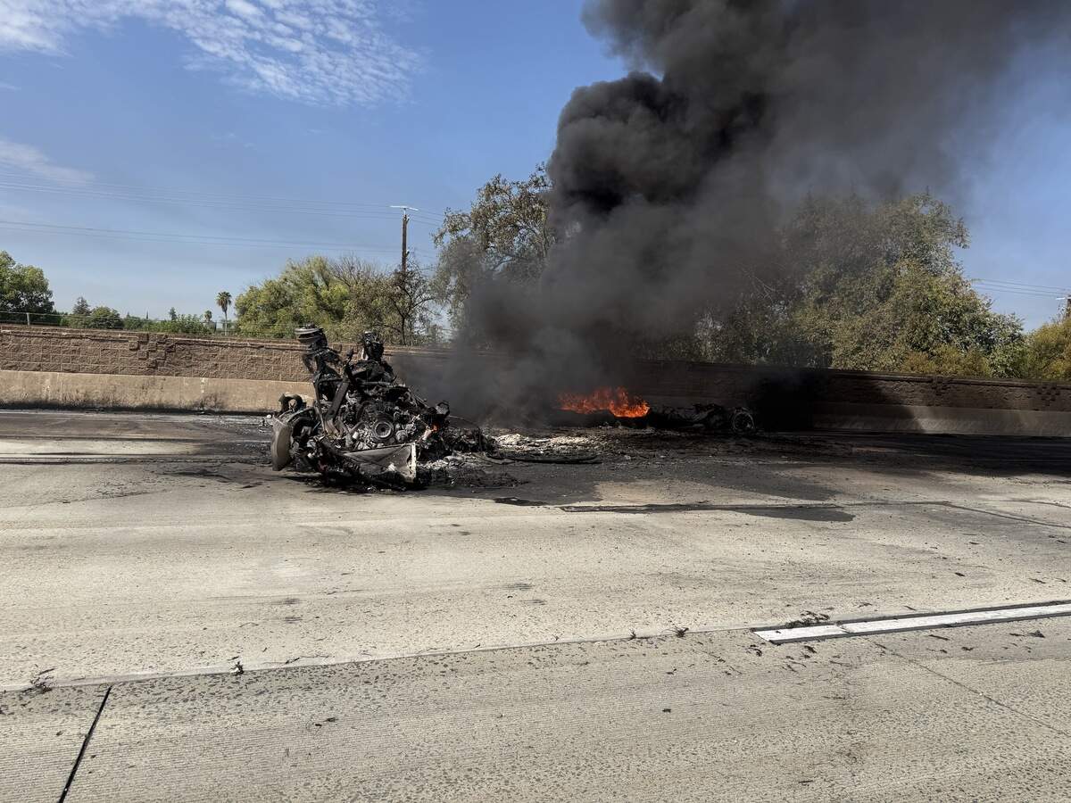 A fuel tanker catches on fire on Highway 99 in Fresno County on Saturday, Aug. 8, 2026.