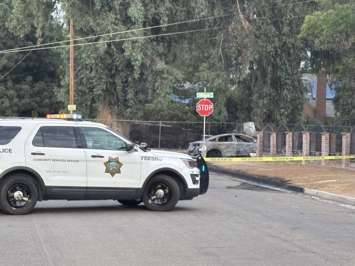 A driver died when his vehicle crashed into a power pole that ended up catching on fire in Fresno on Friday, Aug. 28, 2026.