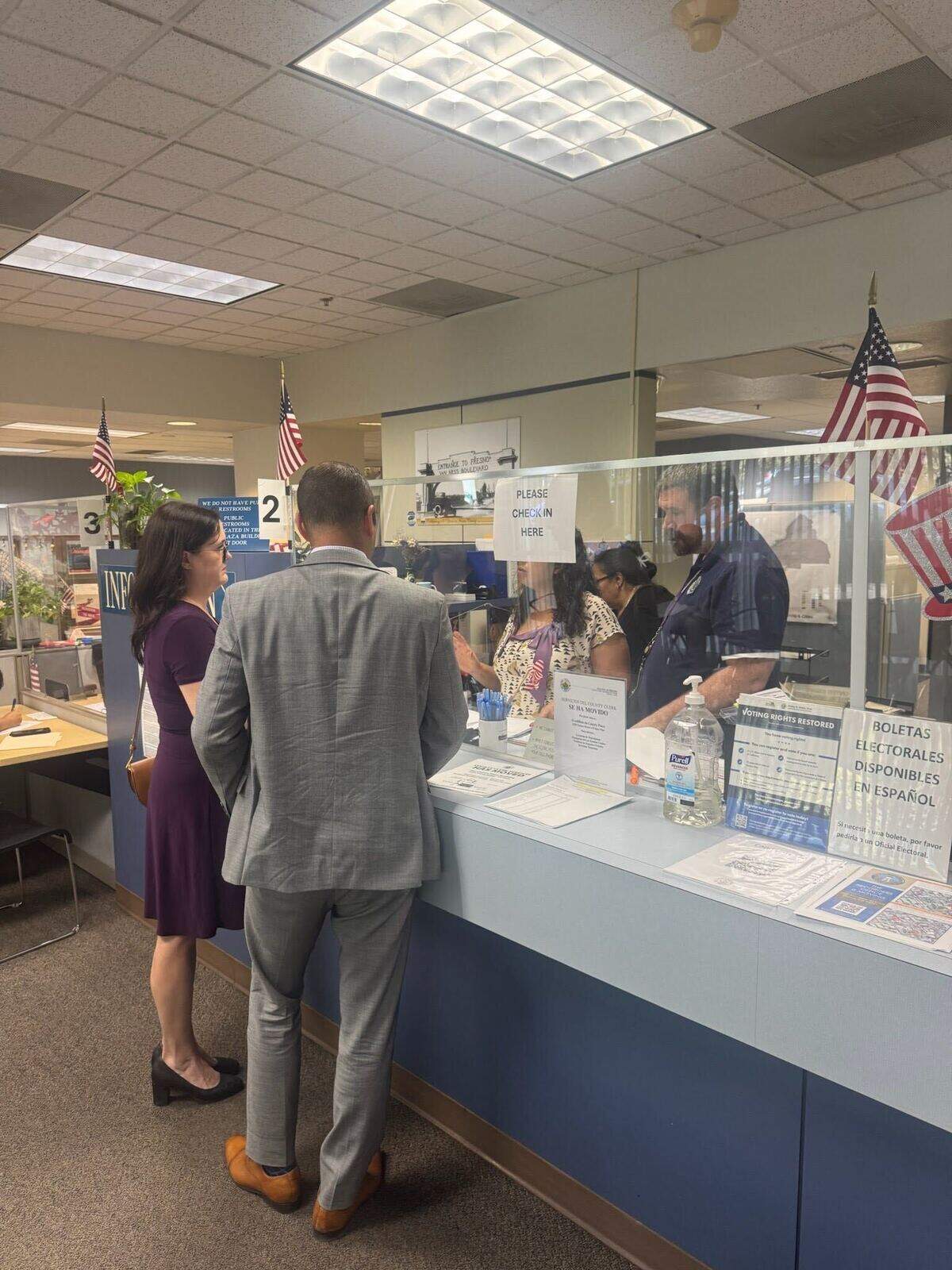 Fresno City Attorney Andrew Janz, right, and City Clerk Amy Aller were seen at the Fresno County Clerk/Registrar of Voters office at 4.p.m. on Friday, Aug. 7, 2026.